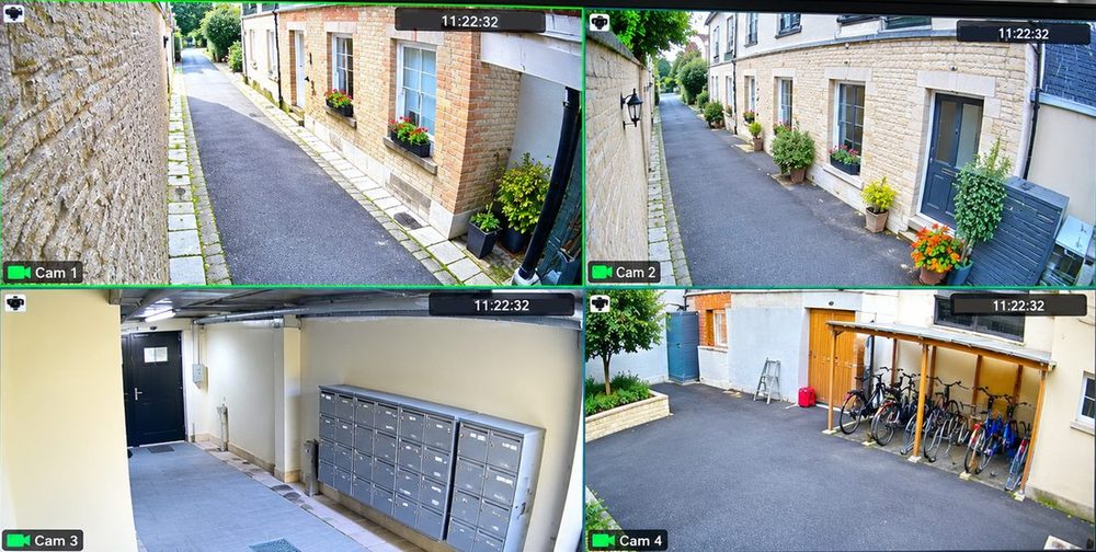 Écran de contrôle affichant quatre caméras : deux allées, un hall avec boîtes aux lettres et un abri vélos