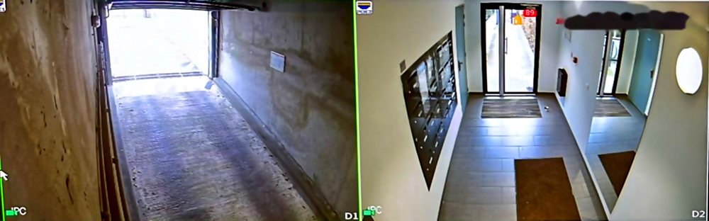 Deux vues de caméras : une rampe de parking et un hall avec boîtes aux lettres